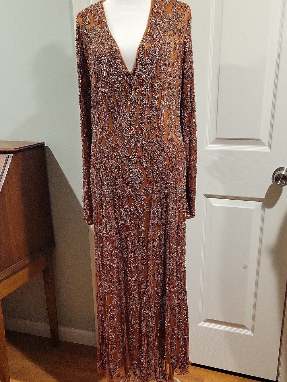 Mac Duggal Copper Sequin Long Sleeve Dress